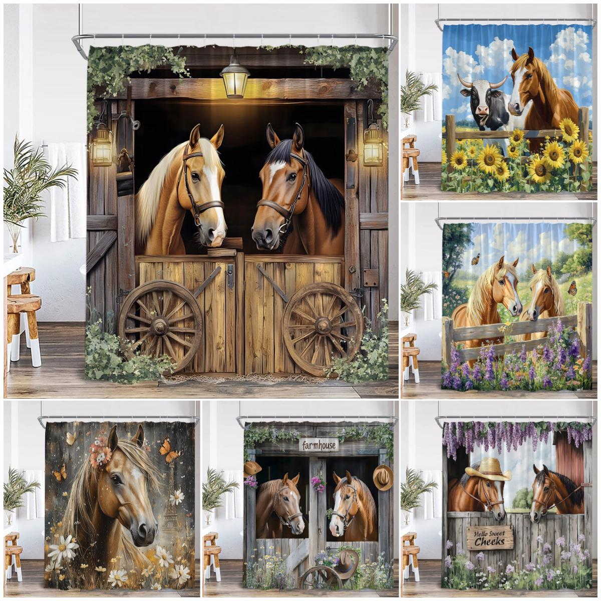 Monika Chen Lavender Western Barn Horse Shower Curtains Sunflower Floral Farmhouse Wooden Door Farm Animal Bathroom Curtain Decor With Hooks