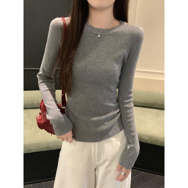 Slim-fit crew neck basic knitted bottoming shirt women's spring simple and versatile long-sleeved inner top sweater