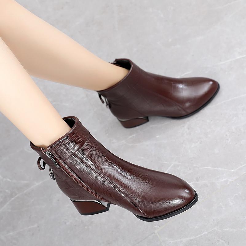 Fashion GKTINOO New Ankle Boots Women Pointed Toe Thick Heels Genuine Leather Shoes Short Boots Soft Sole Footwear Plus Size 35-43