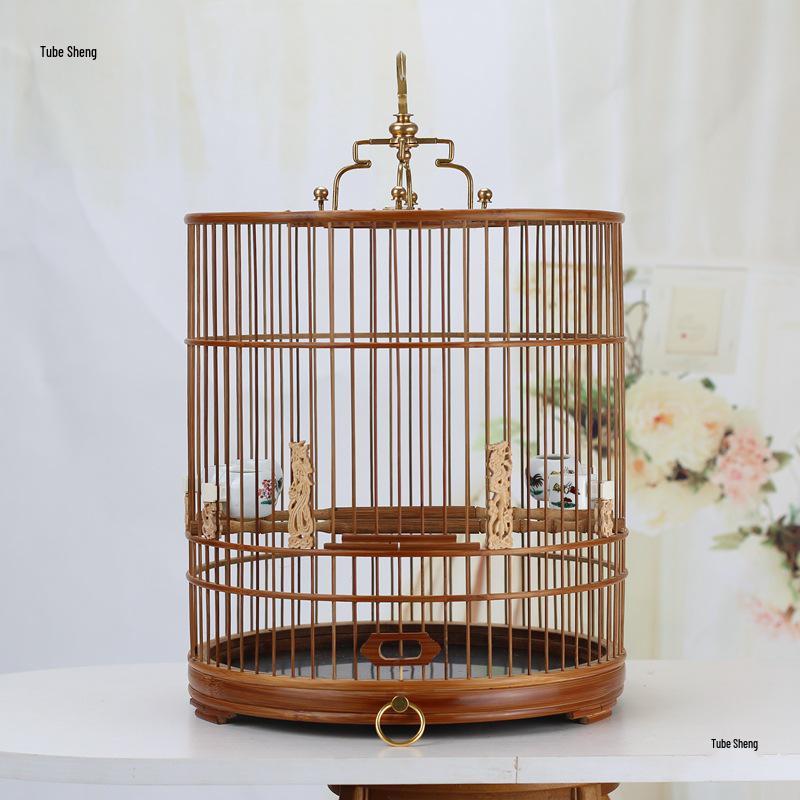 Bamboo Bird Cage with Indigo Jade Design for Finches and Warblers - Handmade with Polished Acacia Wood and Purple Bamboo Drawer Bare Cage without Bottom Net