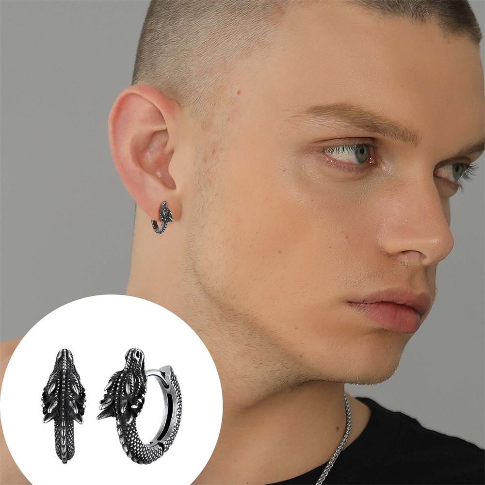 U7 Edelstahl Drachen Creolen für Herren Hypoallergen 14K Gold Schwarz Farbe Punk Lebhaftes 3D Tier Rock Unisex Ohrringe