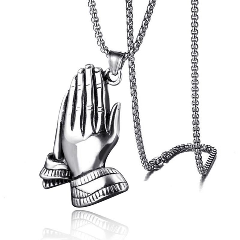 Retro Praying Hands Neckace For Men Hiphop Titanium Steel Chain Trendy Copper Color Palm Clapping Pendant Neck Jewelry Gifts