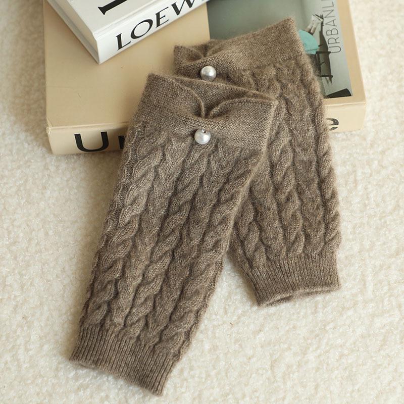 Women s 100% Cashmere Pearl Button Half-Finger Gloves - Autumn/Winter Cable Knit Fingerless Style