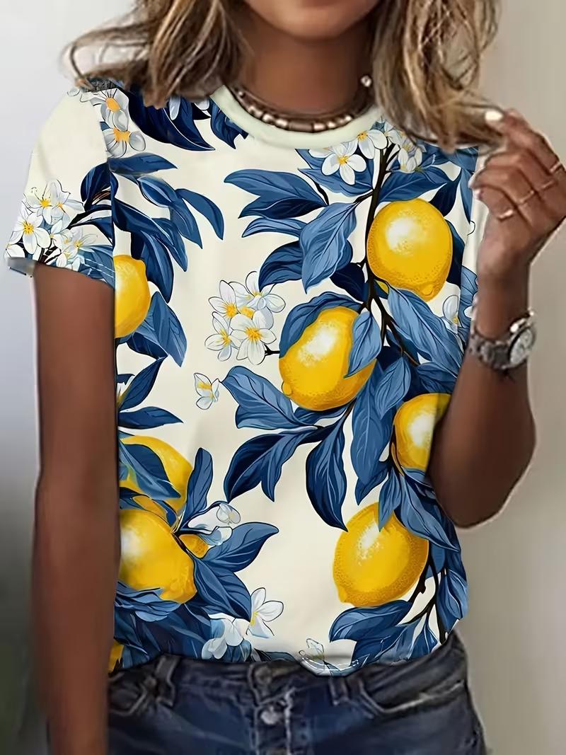 

Сексуальная женская летняя короткорукавная футболка с 3D-цифровой печатью, свежий принт по всей поверхности, с изображением лимонного дерева XL