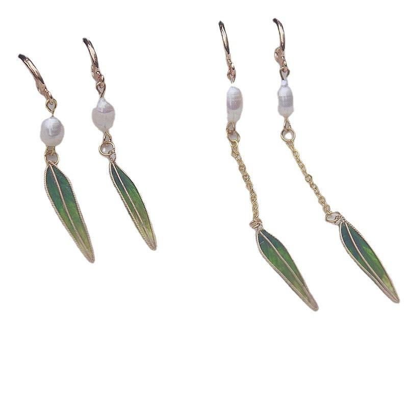 Intangible Cultural Heritage Filament Edelweiss Bamboo Leaf Green Fringed Earrings Retro Temperament Pearl Fashion Simple Wind Ear Jewelry