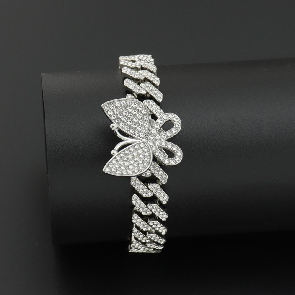 European American Hip Hop Butterfly Iced Out Bracelet, 12mm Full Diamond Rhombus Hiphop Punk Alloy Bracelet
