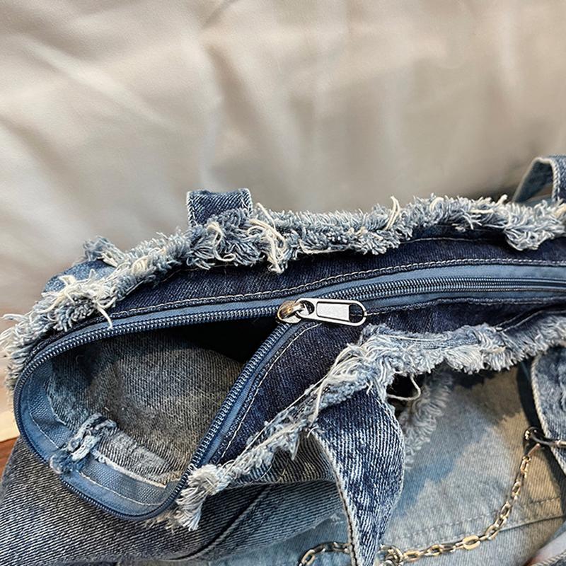 Mode Kleurverloop Ruwe Rand Denim Tote Tas Dames Veelzijdig Grote Capaciteit Ketting Handtassen Eenvoudig Werk Een Schouder Tassen CLE