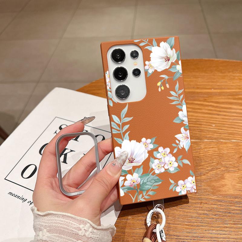 For Samsung S25 Ultra S24 FE S23 S22 A16 A56 A36 A55 A26 A35 Case Flower Pattern Slim Shockproof Matte Leather Texture TPU Soft Lanyard Phone Cover
