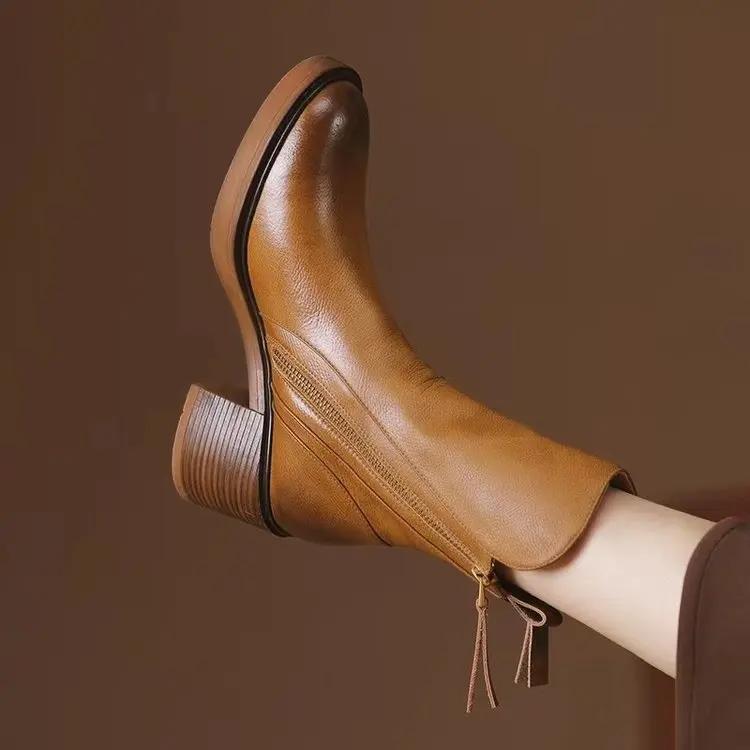 Retro-Stil Mittelhohe Martin-Stiefel mit seitlichem Reißverschluss, dicker Absatz, Damen Herbst Neu Zapatos De Mujer