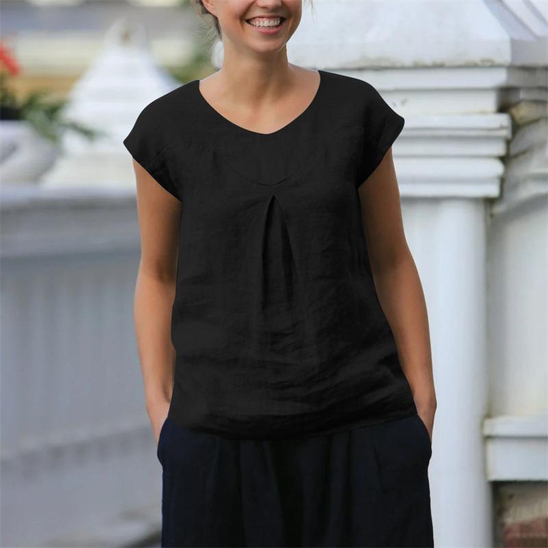 Letní nové dámské topy Ležérní volné jednobarevné krátkorukávové s výstřihem do V Bavlna a len Dámská trička
