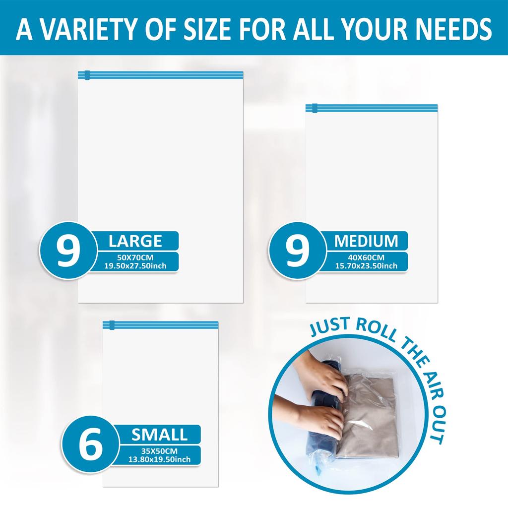 Travel Roll-Up Compression Bags, Reusable Vacuum Storage Bag, Saves 80% of Storage Space, Roll-Up Compression, No Need Air Pump