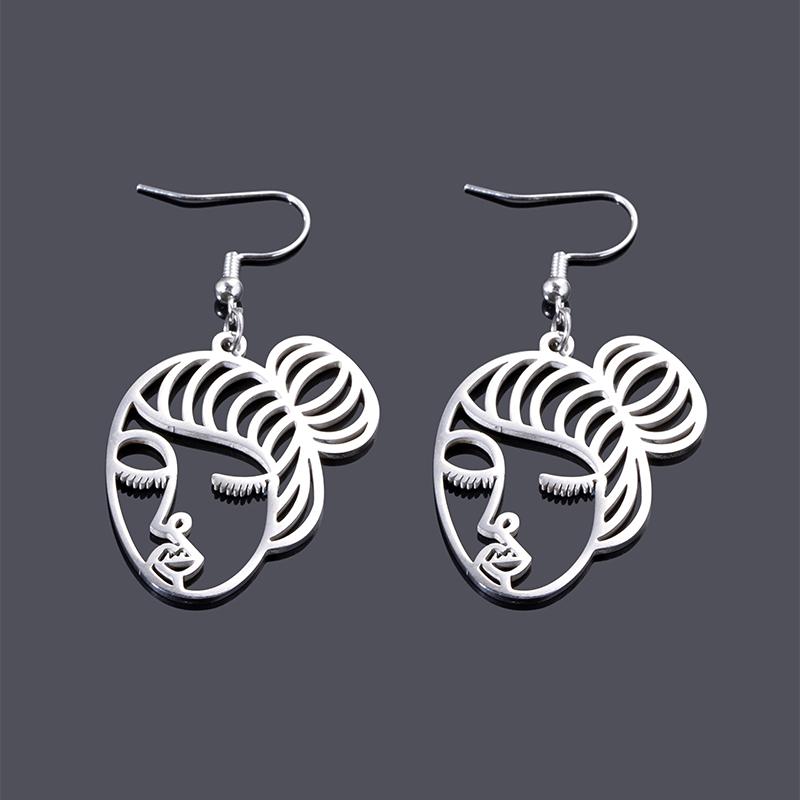 Fashion Silver Color Hollow Abstract Face Dangle Earrings Stainless Steel Earrings For Women Hip Hop Jewelry