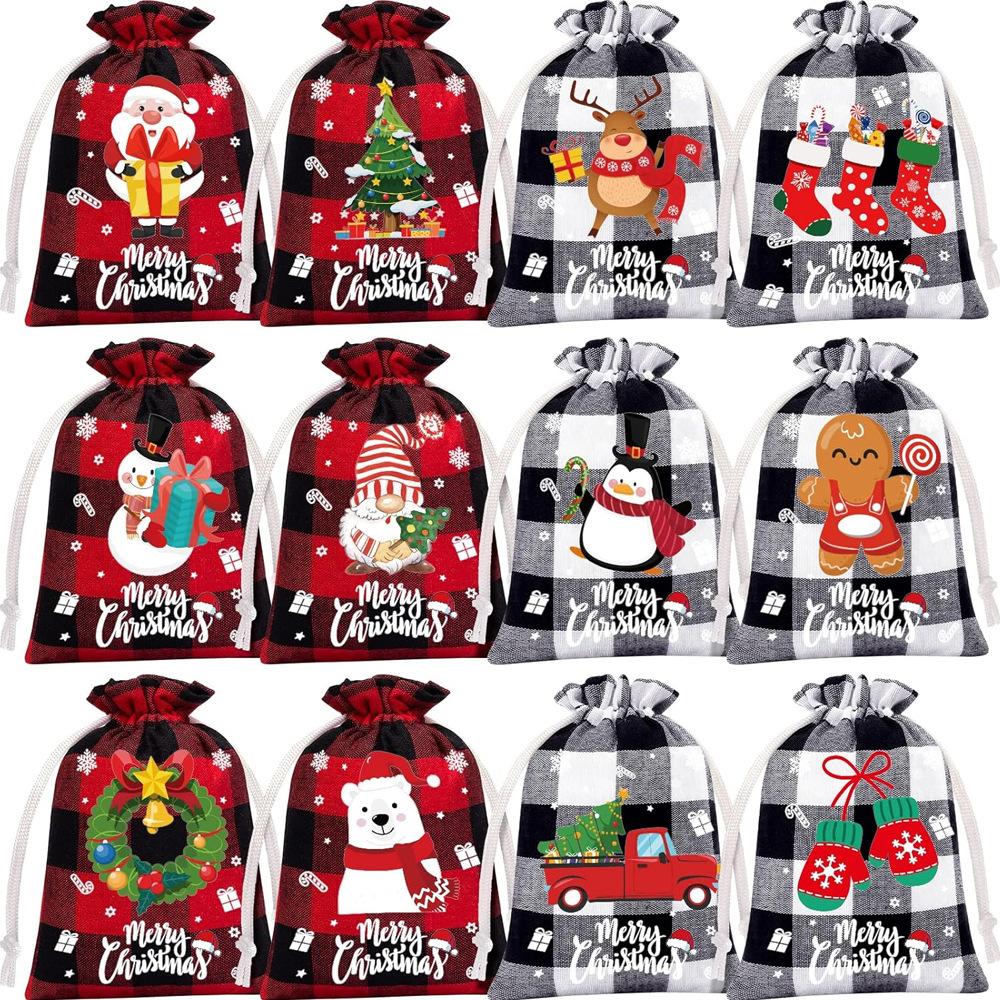 12pcs Christmas Checkered Linen Drawstring Bag Coarse Linen Candy Drawstring Storage Bag Children's Christmas Gift Bag Drawstring Bag