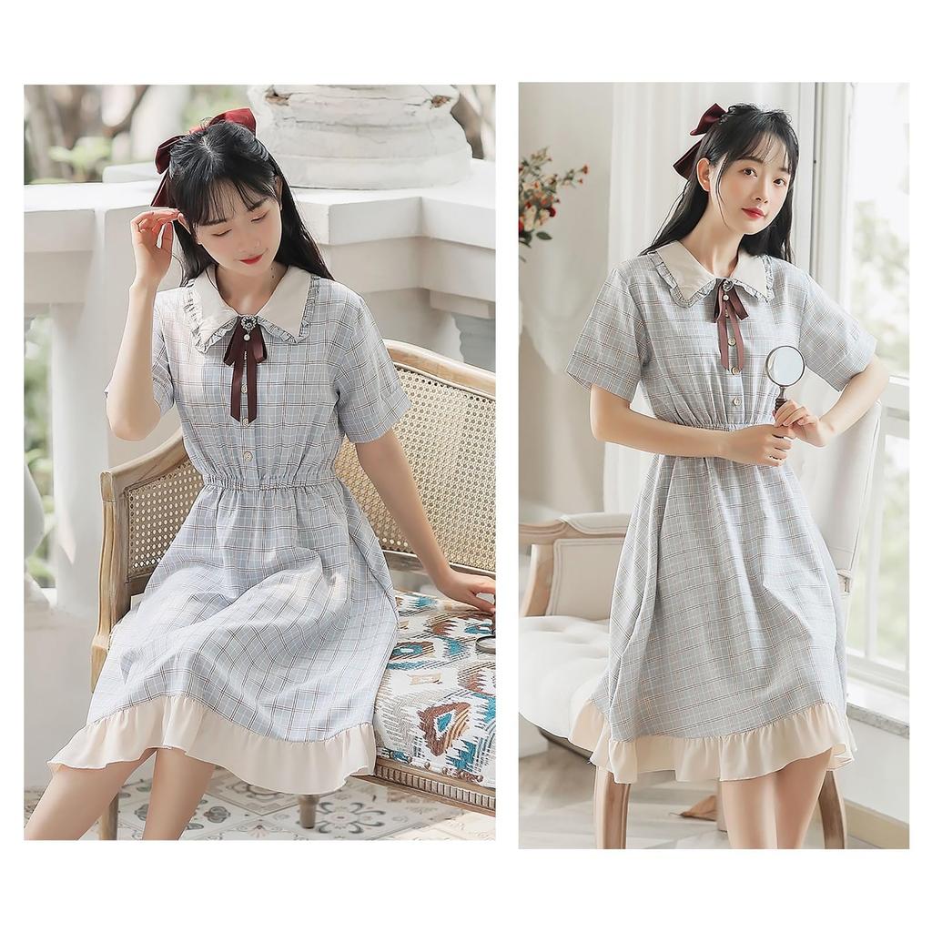 LAVASEON Checkered Dress with Long Short Dress with Elastic Waist and Ruffled Mori Princess Loose School 2-Piece Ribbon, Length, Mass-Produced,