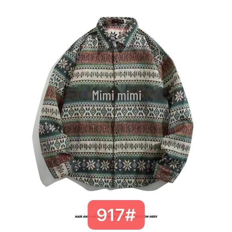 Men's Cuban Vintage Retro Long Sleeve Shirt Japanese Ethnic Style Autumn Winter Casual Button Down
