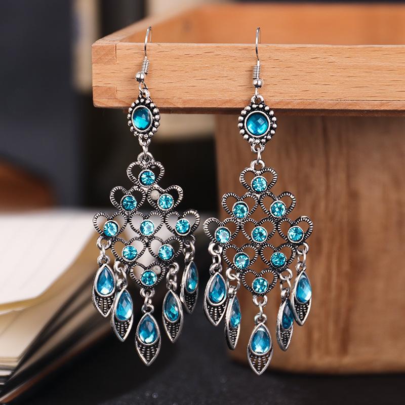 Bohemian Ethnisch Lang Blau Acryl Kristall Wassertropfen Ohrringe für Damen Retro Temperament Geometrisch Hängende Ohrringe Schmuck