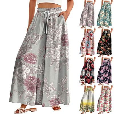 Pantaloni a gamba larga a vita alta da donna, pantaloni palazzo fluidi casual, pantaloni con stampa floreale e tasca