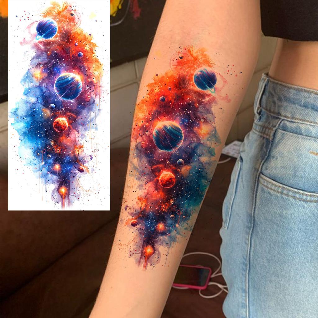 1 Sheet 3D Watercolor Universe Planets Temporary Tattoos For Men Women Long Lasting Waterproof Fake Tattoo Sticker Body Arm Art
