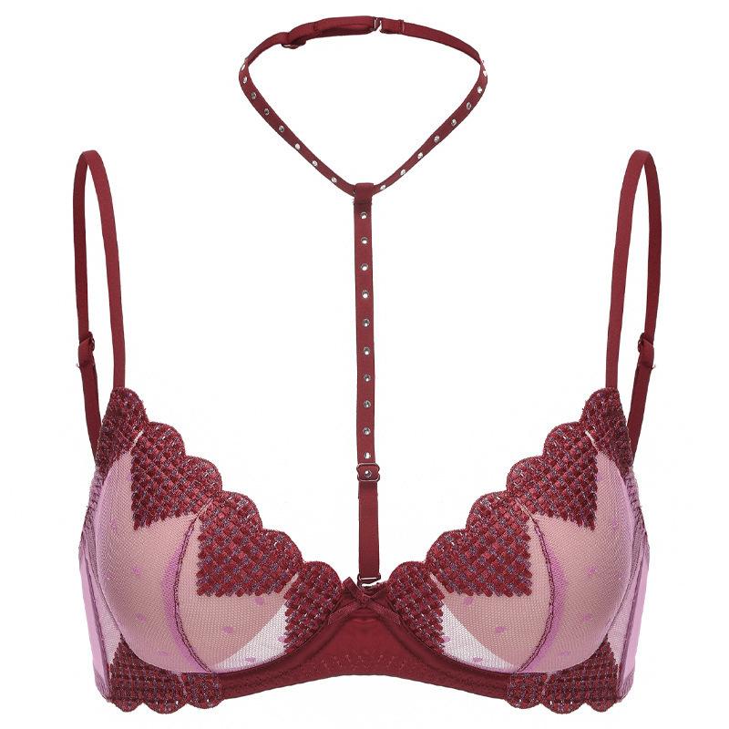 

French underwear small breasts show big gathering anti-sagging underwear thin neck love mesh embroidery sexy bra cover 70B бордовий