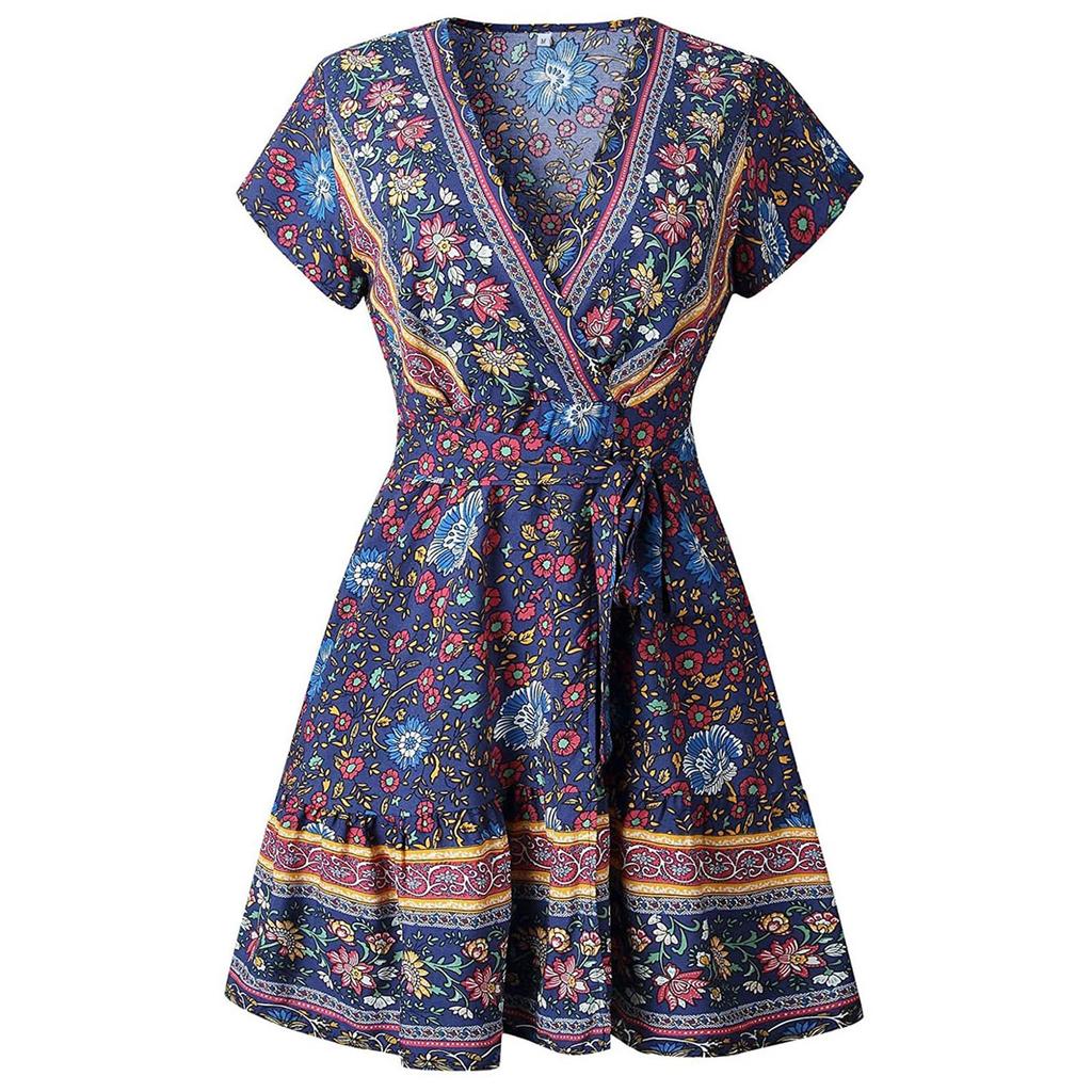 V-neck Sexy Tight-fitting Ruffle Dress Bohemian Small Fresh Print Dress