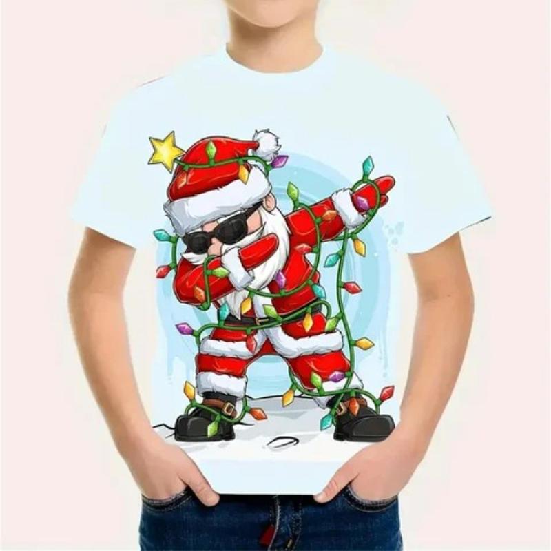 Children's Santa Claus Printed New Year T-Shirts Kids Unisex Comfortable Fashion Top Short Sleeve