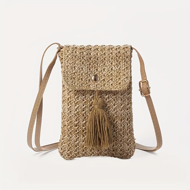 

Straw Beach Bag Women Holiday Mobile Phone Shouder Bag Summer Tassel Mini Crossbody Bag for Lady Gril Travel Bohemian Style темного кольору хакі