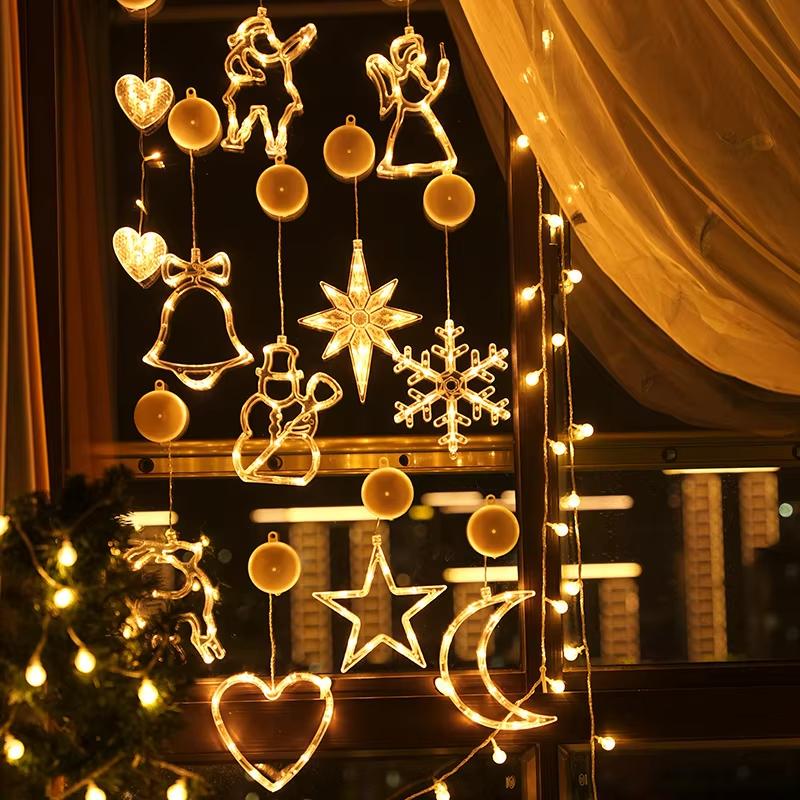 LED Snowflake Santa Window Lights, Christmas Fairy Lamp String Lights, Xmas Window Ornaments, Navidad New Year Home Decorations