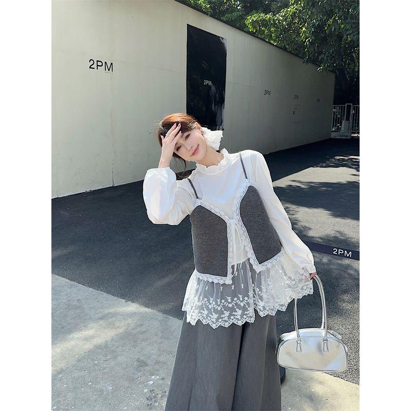 Kumikumi Design Lace Long Sleeve Shirts Stacked Vest Sling Women Autumn Loose Casual Pants Three-Piece Set