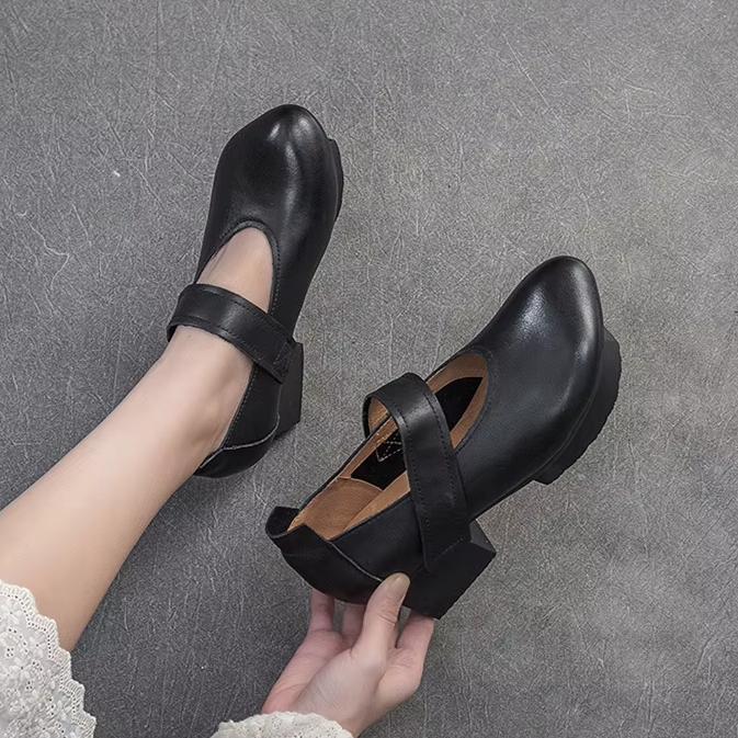 Johnature Allsidige pumps Ekte skinn Hæler Retro Rund tå Grunne Damesko