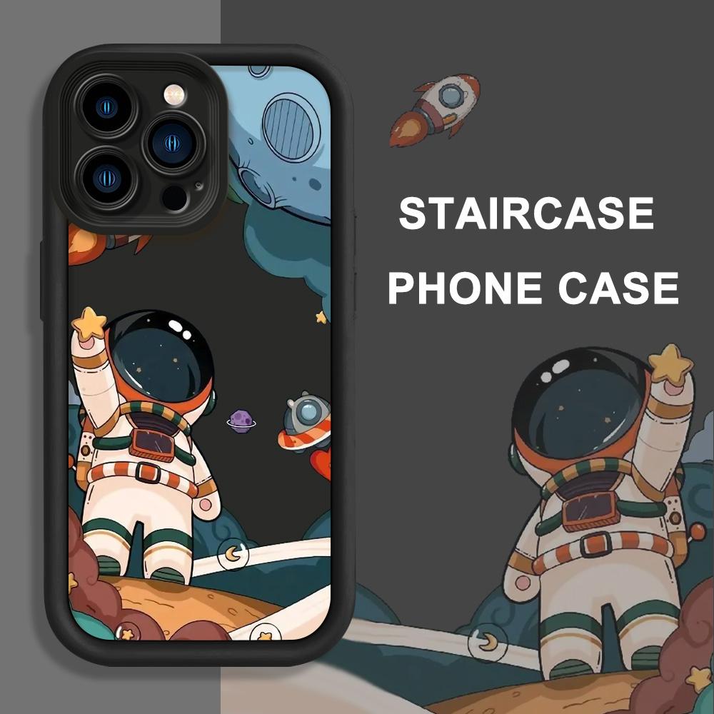 Happy Astronaut Phone Case For IPhone 13 12 11 Pro Max Mini 7 8 6 6S Plus X XS XR SE 2020 2022 Staircase Soft Cover