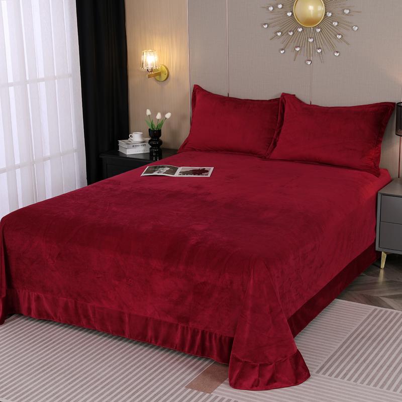 Solid Color Milk Velvet Bed Sheet Winter Warm Thick Flannel Flat Bedsheet Sets Double Size Soft Plush Bedspread No Pillowcases