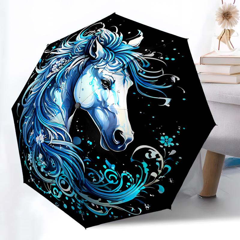 Horse Theme Folding Umbrella - Fashionable Auto-Open Design 8 Iron Ribs Plastic Handle Foldable Sunshade Perfect Christmas Gifts