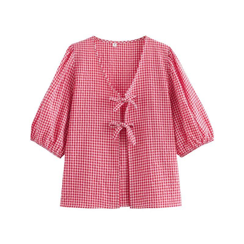 Spring New French Sweet Fashion V-neck Puff Sleeve Plaid Knotted Tops High Waist Casual Shorts