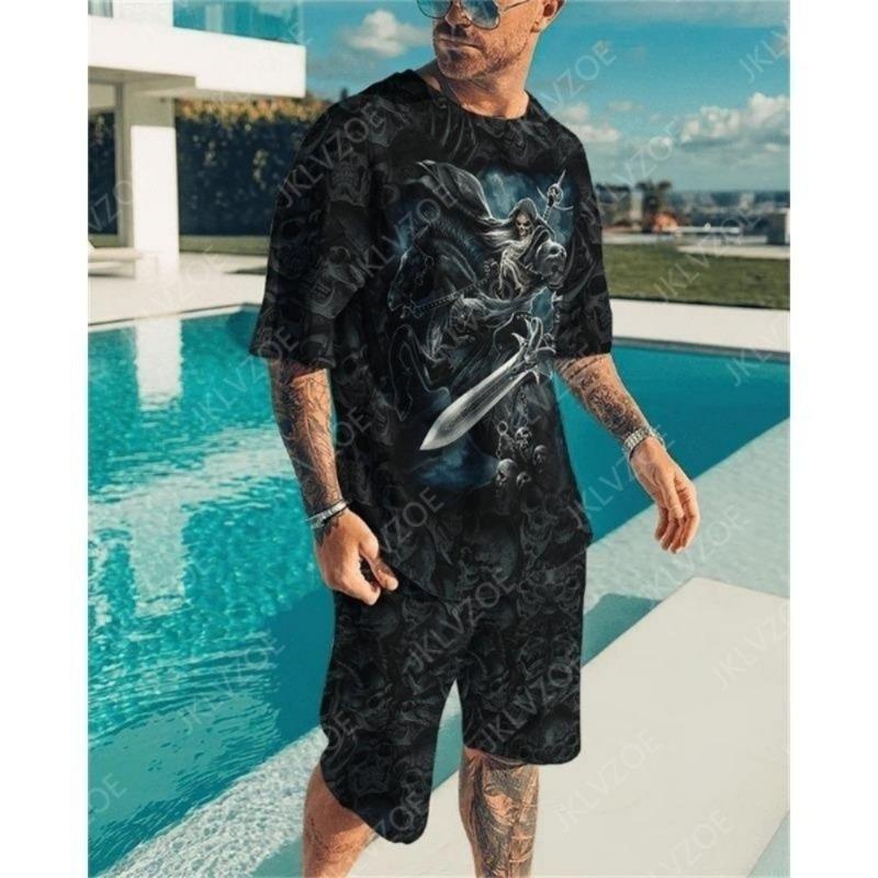 Men's Fashion Geometric Pattern Short-sleeve and Shorts Set Casual Loose Two-piece Outfit