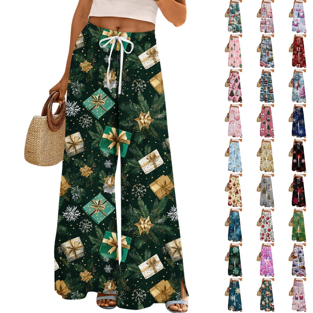 Ladies' Loose And Casual Christmas Printed Wide Leg Pants With Elastic Waistband Drawstring And Pocket Pants