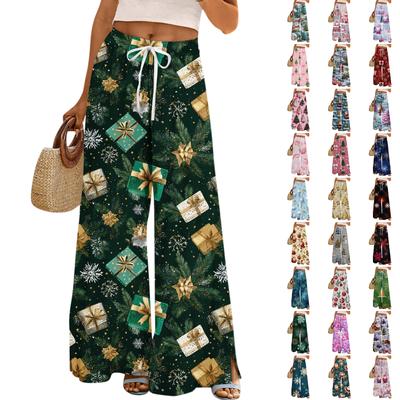 Ladies' Loose And Casual Christmas Printed Wide Leg Pants With Elastic Waistband Drawstring And Pocket Pants