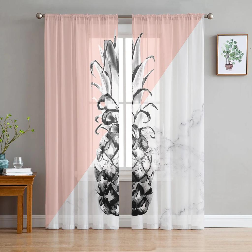 Yellow Pineapple Fruit Flower Tulle Curtains Living Room Bedroom Decoration Transparent Chiffon Voile Window Curtain Light Filtering For Polyester