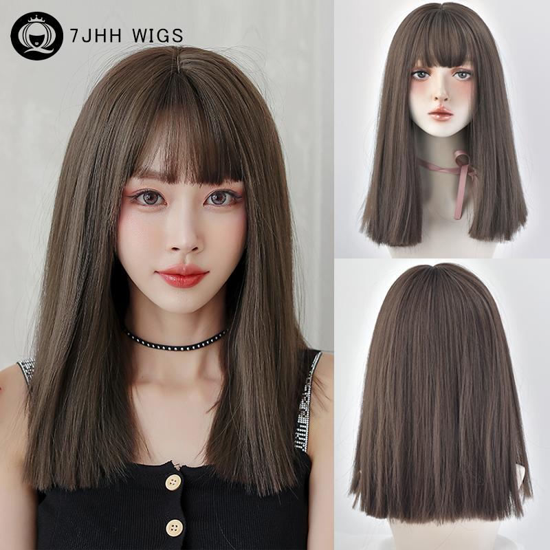 Straight Layered Blonde Wigs With Neat Bangs High Density Synthetic Natural Fake Hair Wig For Women Daily Cosplay Party Wigs