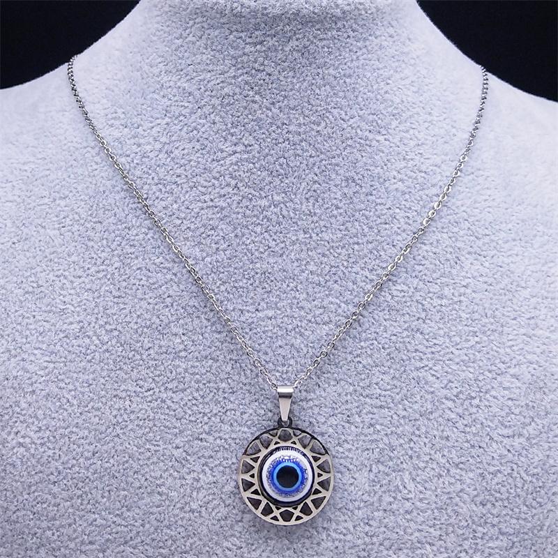 Fashion Turkish Blue Eye Pendant Necklace Stainless Steel Silver Color Blue Lucky Eyes Necklaces Gift Jewelry Collier N8023S01