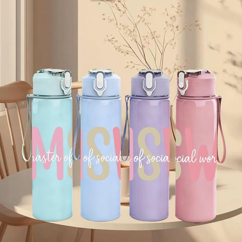 1PC MSW Simple Pastel Letter 750ml Color Plastic Sports Water Bottle Leakproof Flip Straw Lid Suitable for Sports Office Home Use