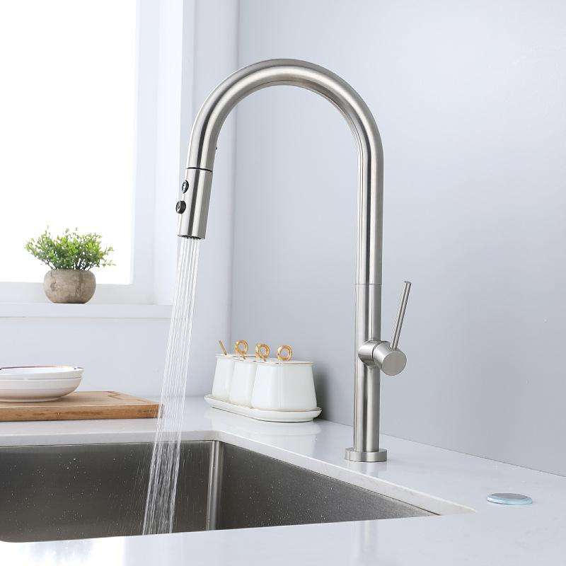 Nickel 304 Stainless Steel Kitchen Sink Faucet Pull-out Cold And Hot Mixed Water Kitchen Faucet Household Sink Tap