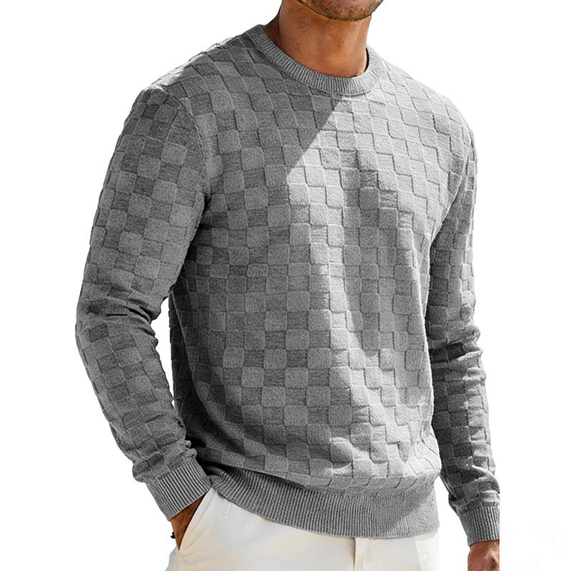 Mens American Heavyweight Loose Casual Checkerboard Jacquard Crew Neck Long Sleeve Sweatshirt