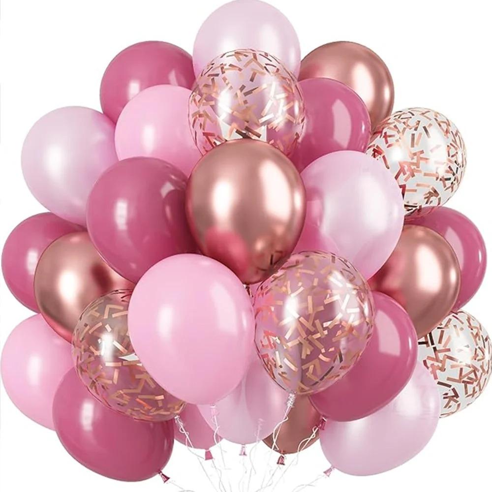 60 Packs 12 Inch Retro Pink Metallic Chrome Rose Gold Pearl Pink Macaron Light Pink Balloons for Girls Birthday, Bridal Shower
