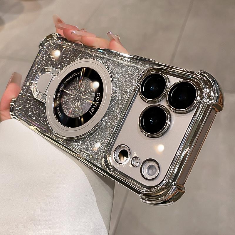 Applicable to Apple 17Promax mobile phone case, airbag electroplating glitter, soft case iPhone16 magnetic suction bracket, anti-drop.