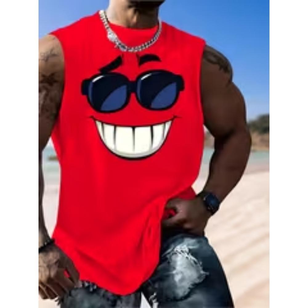[Printed Design - Not Textured] XL-6XL Men s Joyful Face Tank Top, Red Fun Print Design, Polyester S