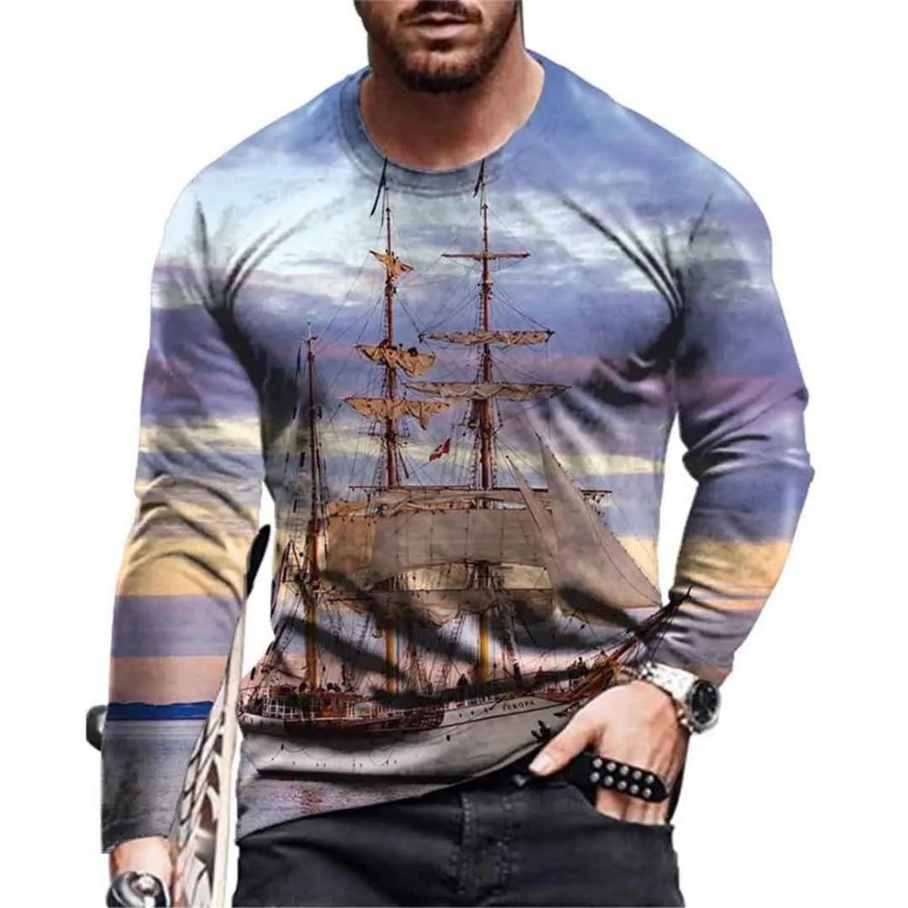 Navigation Sailing Ship3D Digital Printed Men's Fashion Trend Round Neck Long Sleeved T-shirt