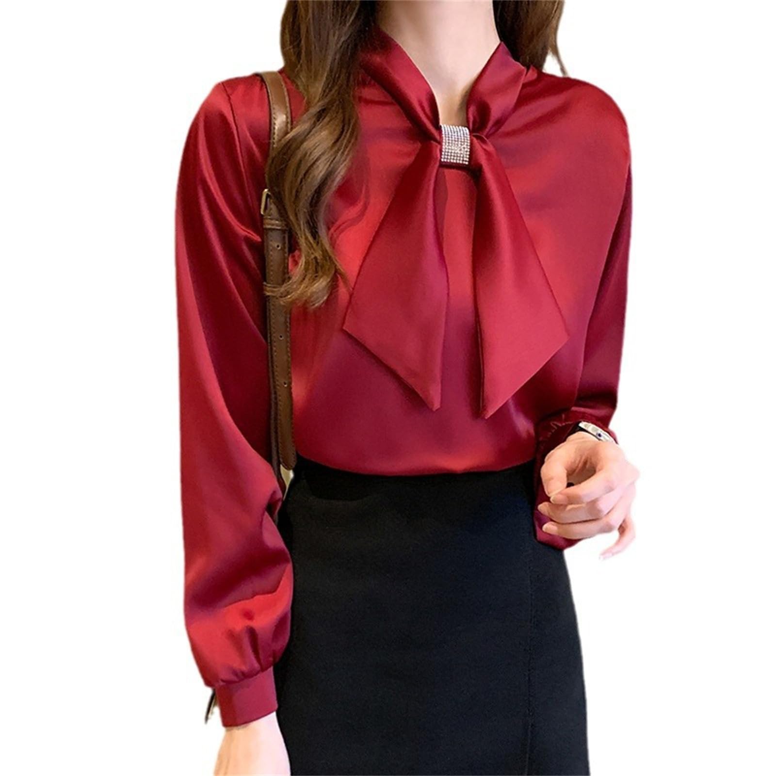 

[SYitong] Women s Chiffon Ribbon Shirt Blouse, Long Sleeve, Stylish, Office Wear, Plus Sizes, Casual, Commuting, Spring, White, Loose Fit, Slimming Ef
