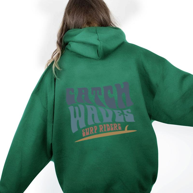 Chtch Waves Surp Riderseuropean And American New Style Letter Printing Fashion Hooded Back Collar Plus Velvet Sweater Women