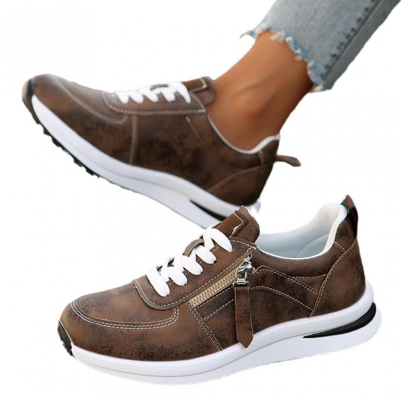 Fashion Women Leather Sneakers Spring Platform Sneakers Casual Brown Sneakers Thick Bottom Sport Shoes Anti Slip Flats Vulcanized Shoes