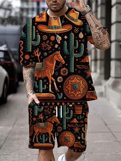 

Новый летний мужской повседневный костюм, уличная повседневная мужская футболка с короткими рукавами, спортивные модные шорты на открытом воздухе с богемным принтом 6XL